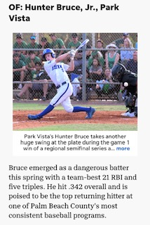 Palm Beach Post First Team All-County recognition for Hunter Bruce of Park Vista