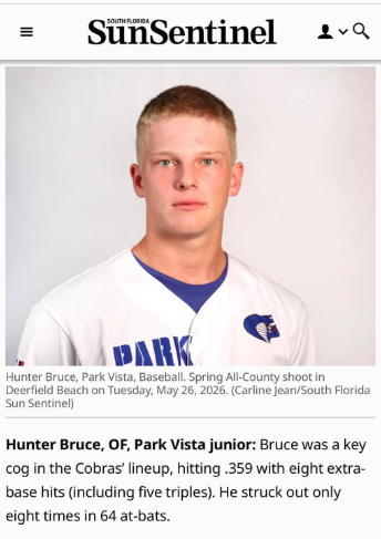 Sun Sentinel profile naming Hunter Bruce a 2026 First Team All-County outfielder